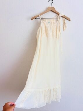 Burning Torch Anthropologie Gauzy Boho in Cream Lace-Trim Halter Sundress